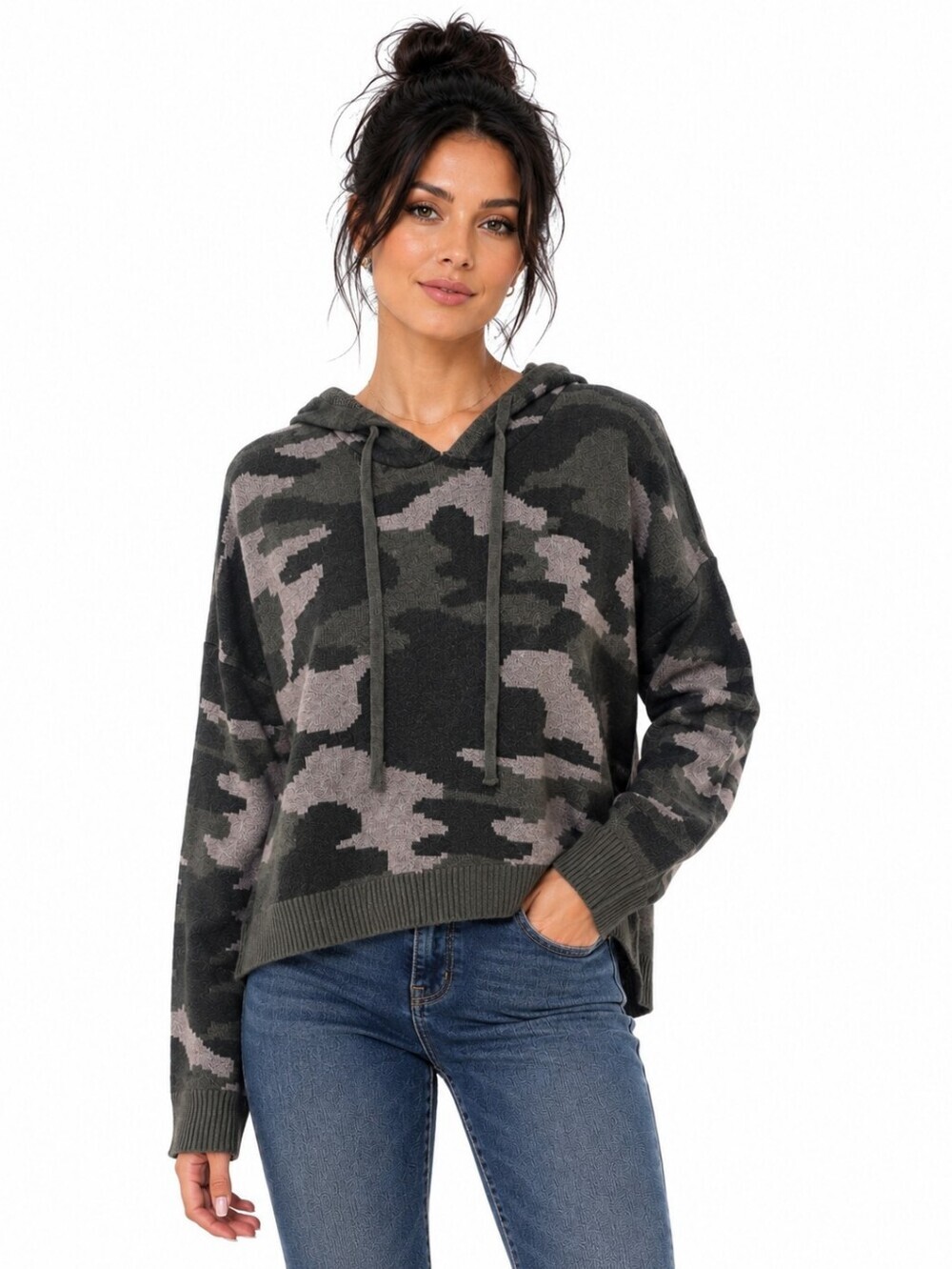 Rachel Zoe Camo Hooded Sweater Small Gray Green Knit Hoodie w/ Wool Blend